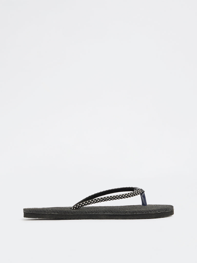 LUNA BLU Black Textured Embellished Slides