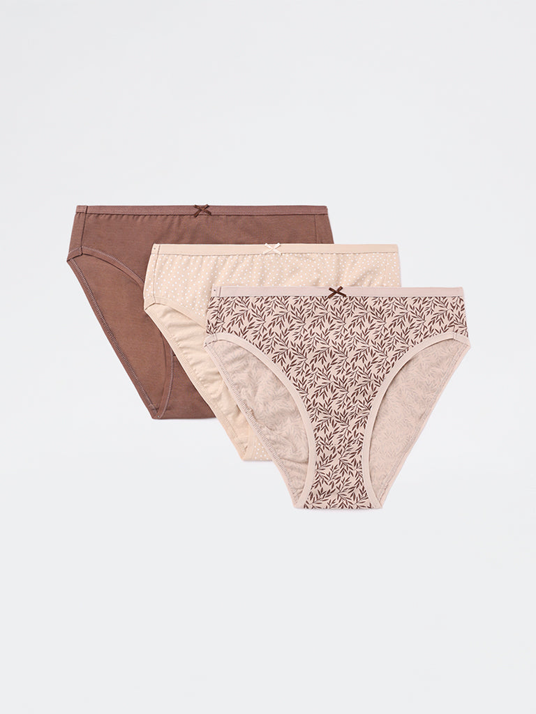Wunderlove Taupe Hi-Leg Cotton-Blend Briefs - Pack of 3