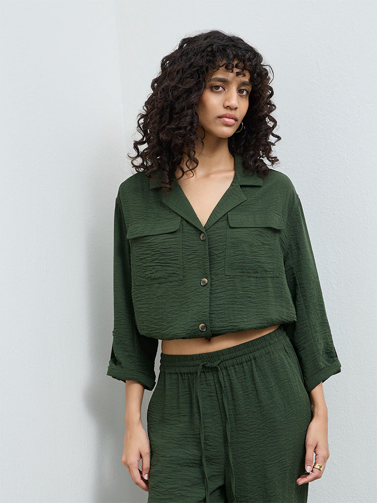 LOV Dark Green Crinkle-Textured Blouse