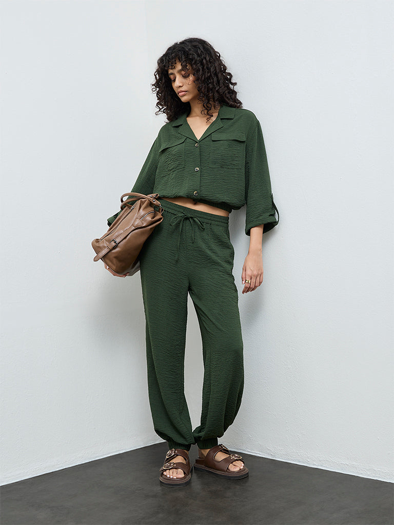 LOV Dark Green Crinkle-Textured Blouse