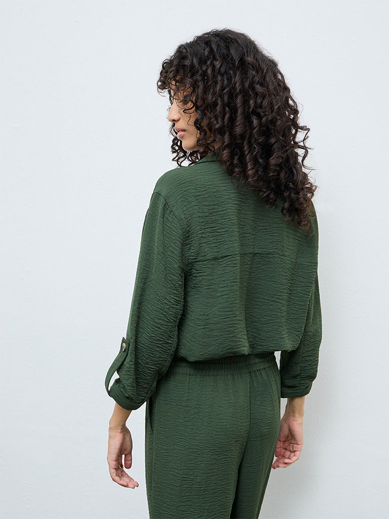 LOV Dark Green Crinkle-Textured Blouse