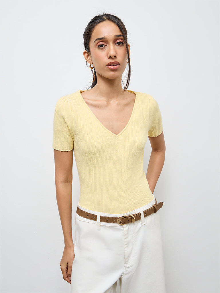 Buy LOV Yellow Ribbed-Textured Top from Westside
