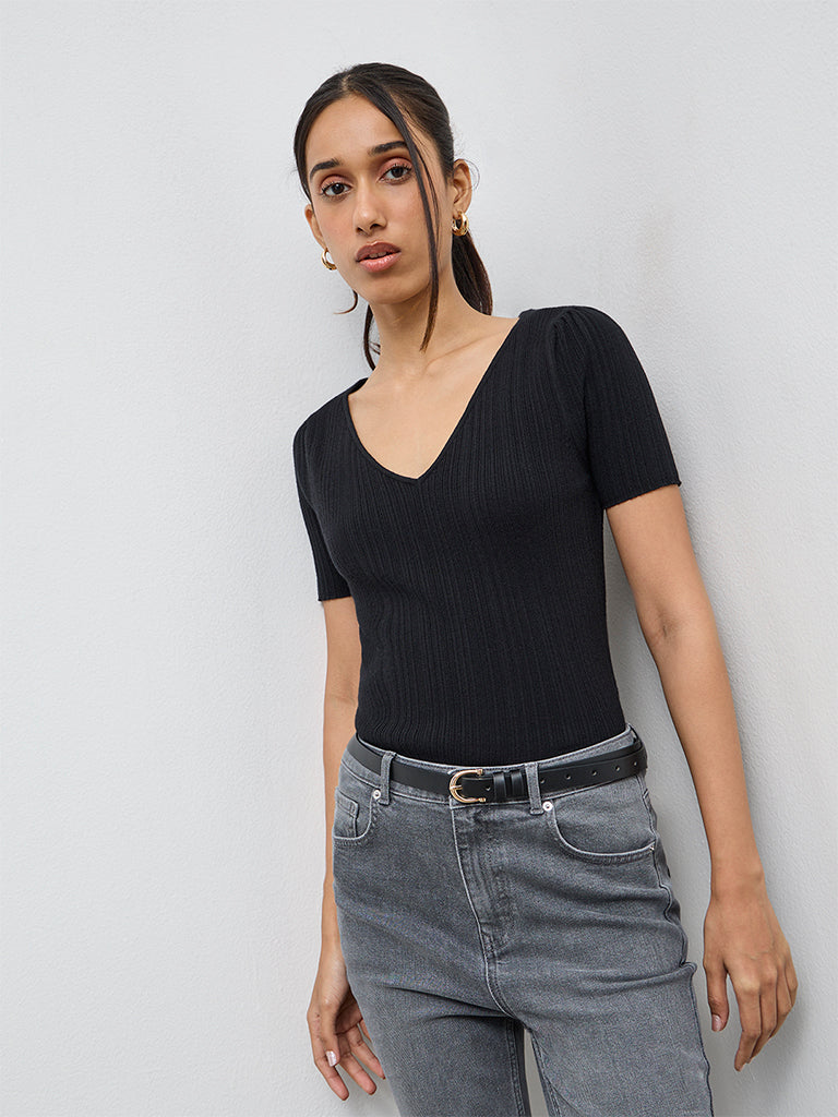 LOV Black Ribbed-Textured Top