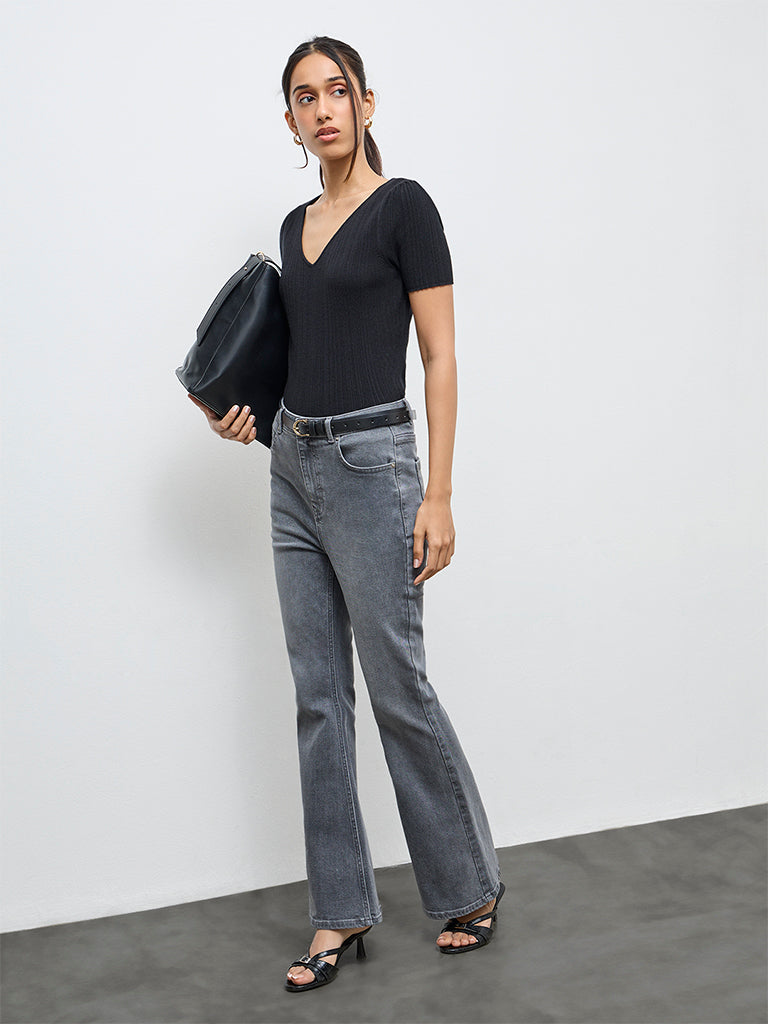 LOV Black Ribbed-Textured Top