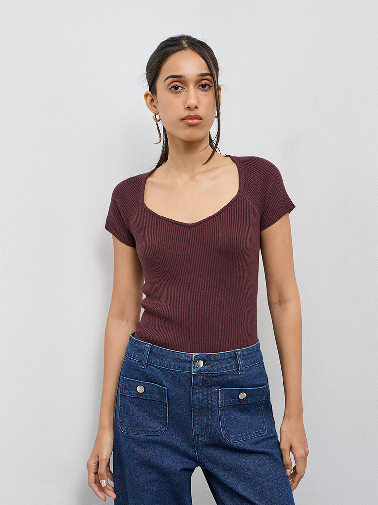 LOV Dark Brown Ribbed-Textured Top