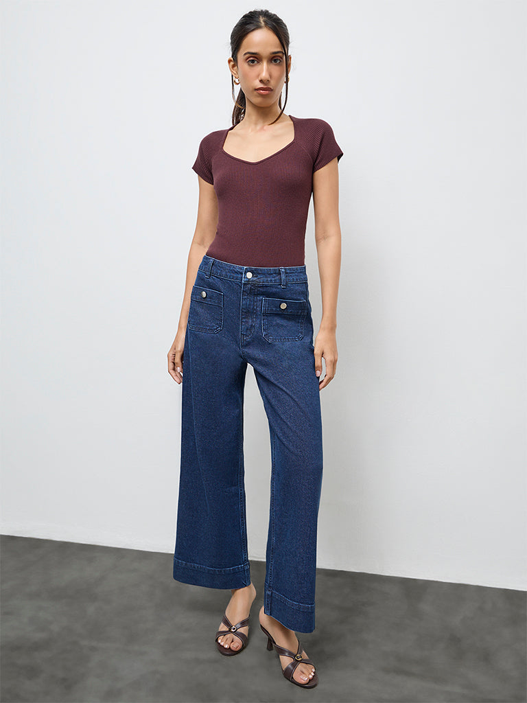 LOV Dark Brown Ribbed-Textured Top