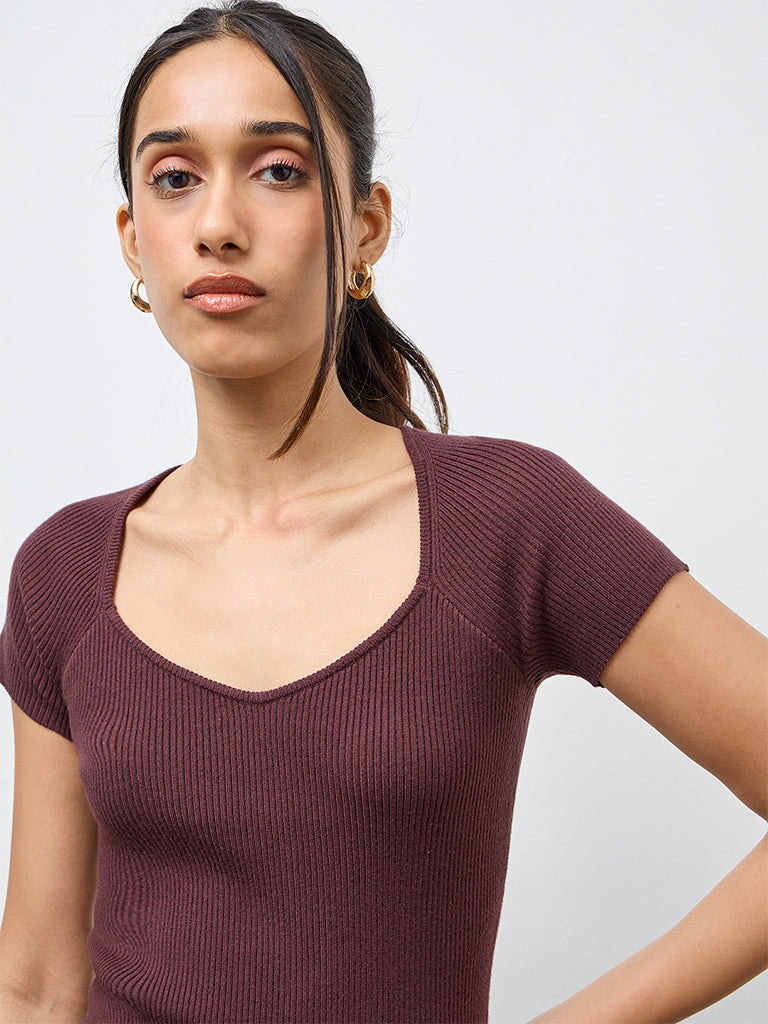 LOV Dark Brown Ribbed-Textured Top