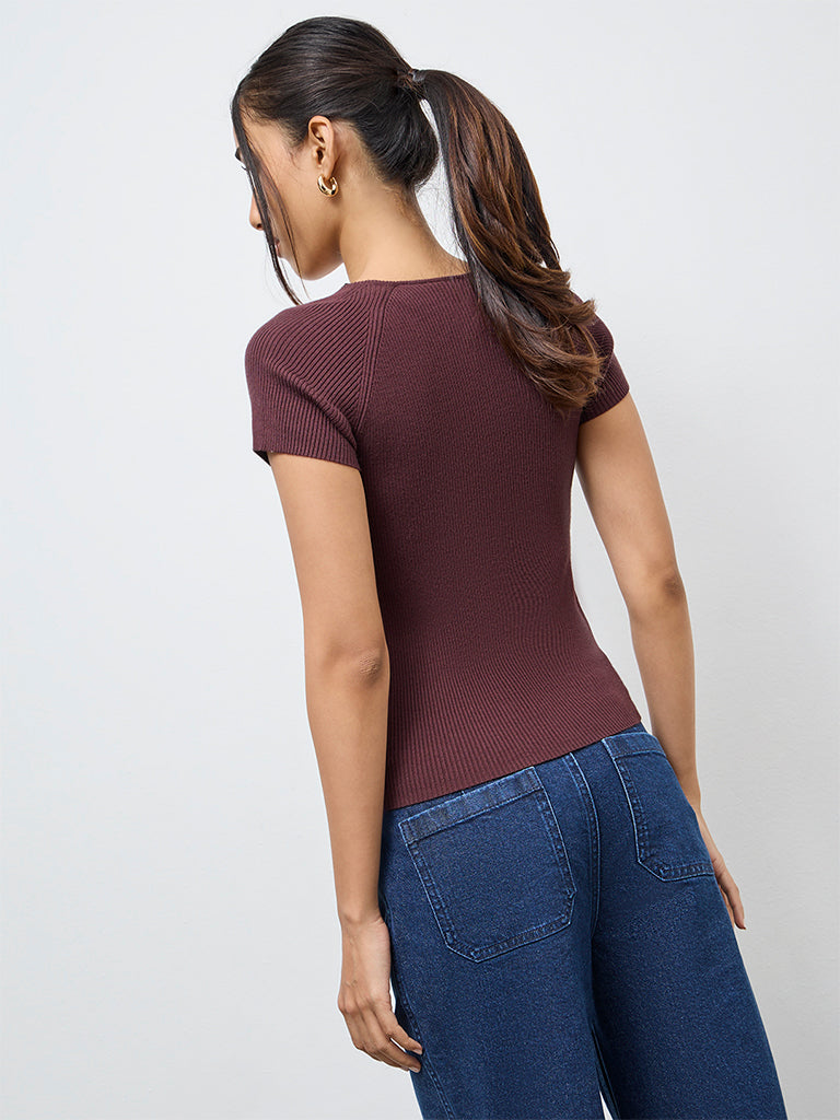 LOV Dark Brown Ribbed-Textured Top