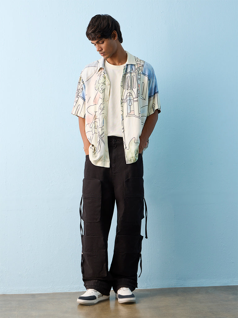 Nuon Black Loose-Fit Mid-Rise Cotton Cargo Pants