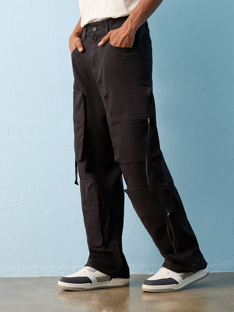 Nuon Black Loose-Fit Mid-Rise Cotton Cargo Pants