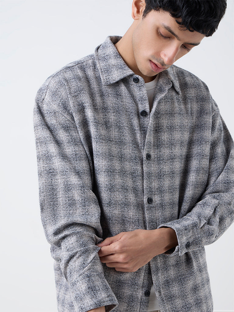 Nuon Grey Flannel Checkered Relaxed-Fit Cotton Shirt