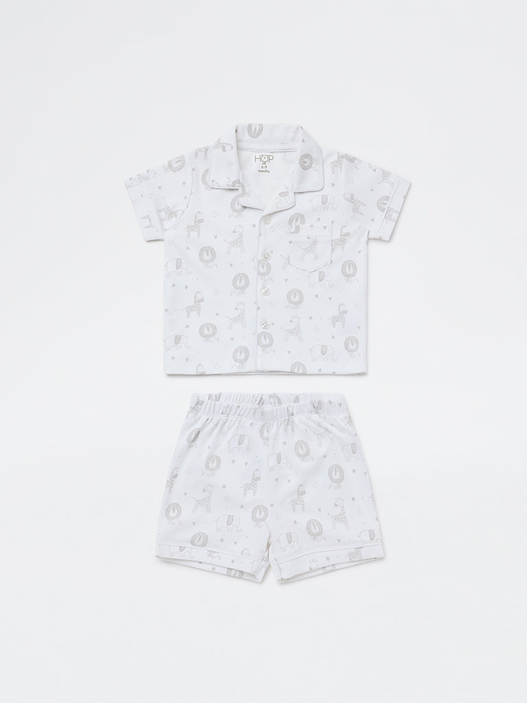 HOP Baby Boys White Animal Design SUPIMA Cotton Shirt and Shorts Set