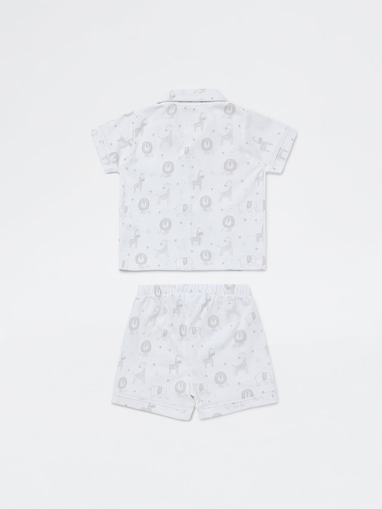 HOP Baby Boys White Animal Design SUPIMA Cotton Shirt and Shorts Set
