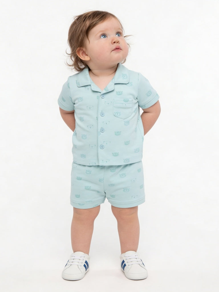 HOP Baby Girls Seagreen Animal Printed SUPIMA Cotton Shirt and Shorts Set