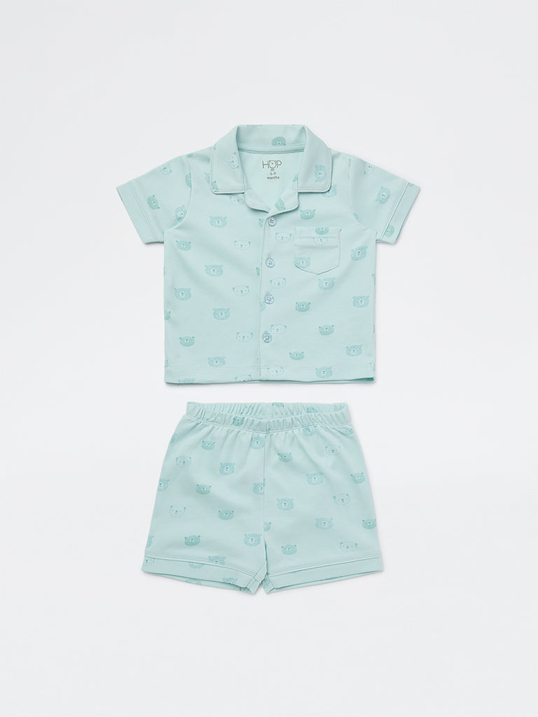 HOP Baby Girls Seagreen Animal Printed SUPIMA Cotton Shirt and Shorts Set