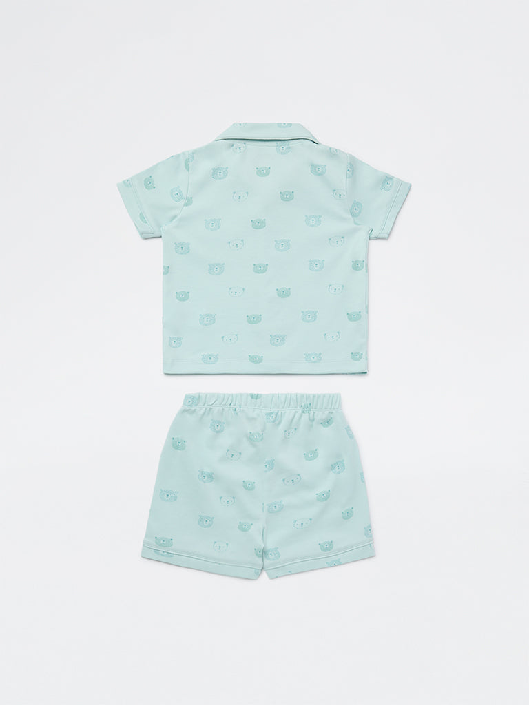 HOP Baby Girls Seagreen Animal Printed SUPIMA Cotton Shirt and Shorts Set