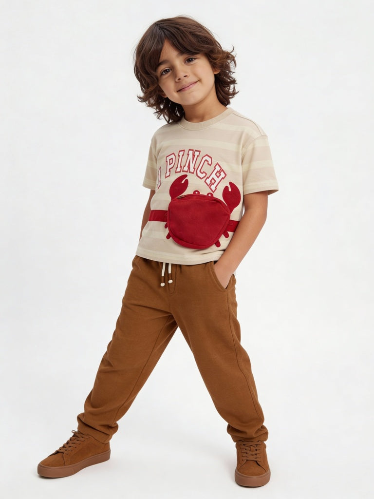 HOP Kids Boys Beige Text Design Cotton T-Shirt