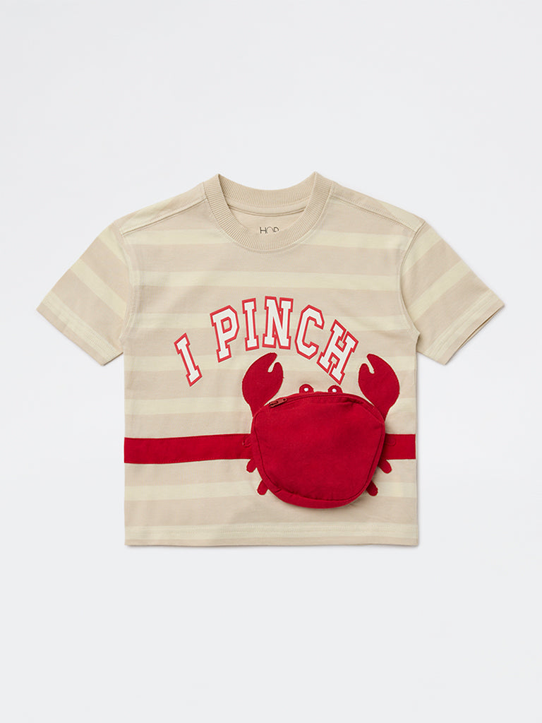 HOP Kids Boys Beige Text Design Cotton T-Shirt