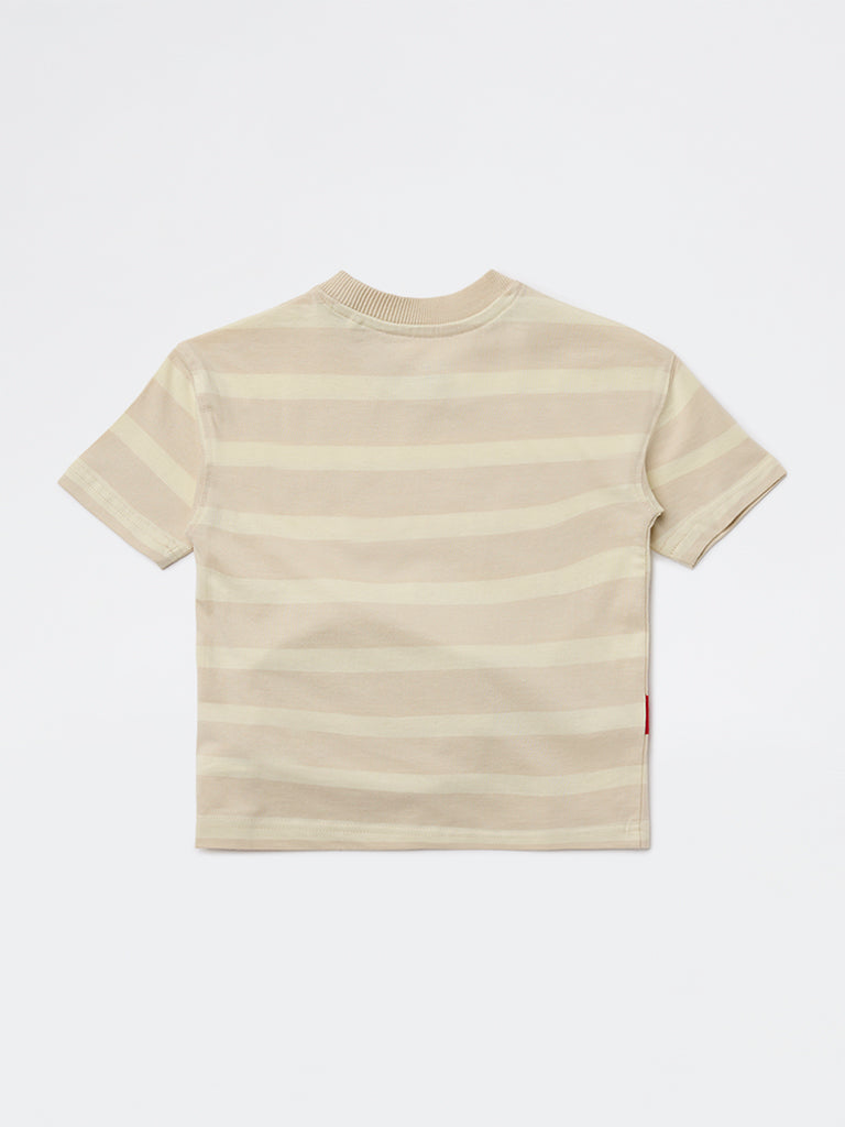 HOP Kids Boys Beige Text Design Cotton T-Shirt
