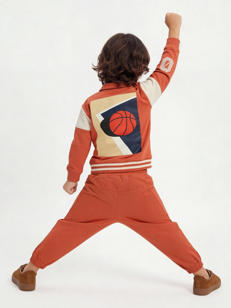 HOP Kids Boys Dusty Orange Printed Cotton T-Shirt and Joggers Set