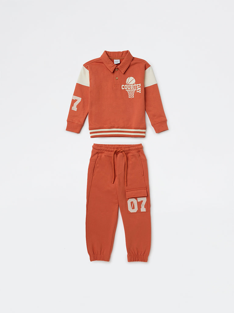 HOP Kids Boys Dusty Orange Printed Cotton T-Shirt and Joggers Set