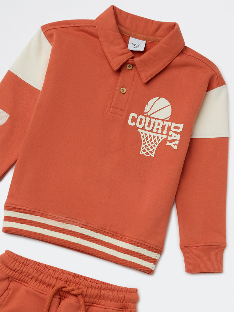 HOP Kids Boys Dusty Orange Printed Cotton T-Shirt and Joggers Set