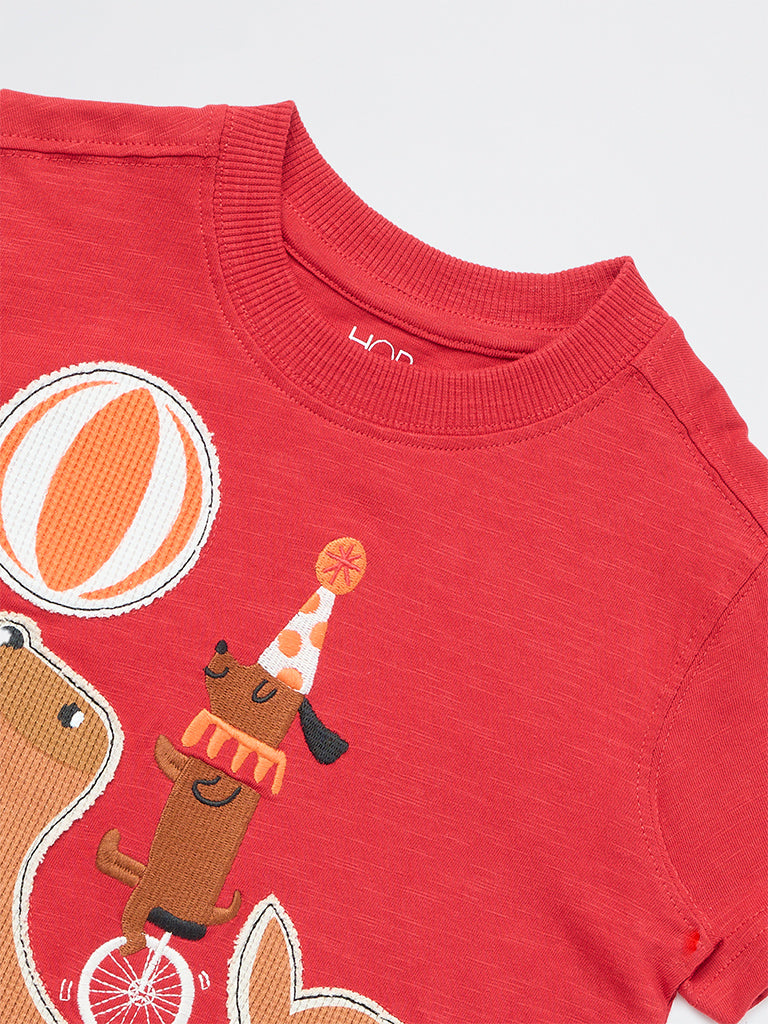 HOP Kids Boys Red Animal Embroidered Cotton T-Shirt