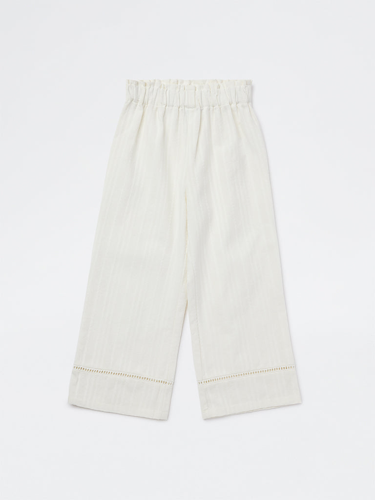 HOP Kids Girls White Self-Striped High-Rise Cotton Trousers