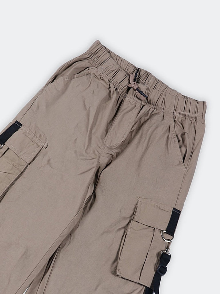 Boys Taupe Solid Cotton Cargo Pants