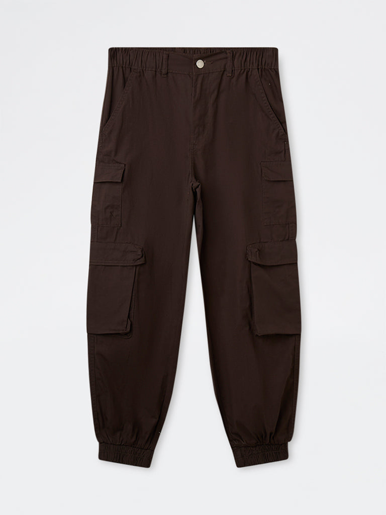 Boys Brown Mid-Rise Cotton Cargo Pants