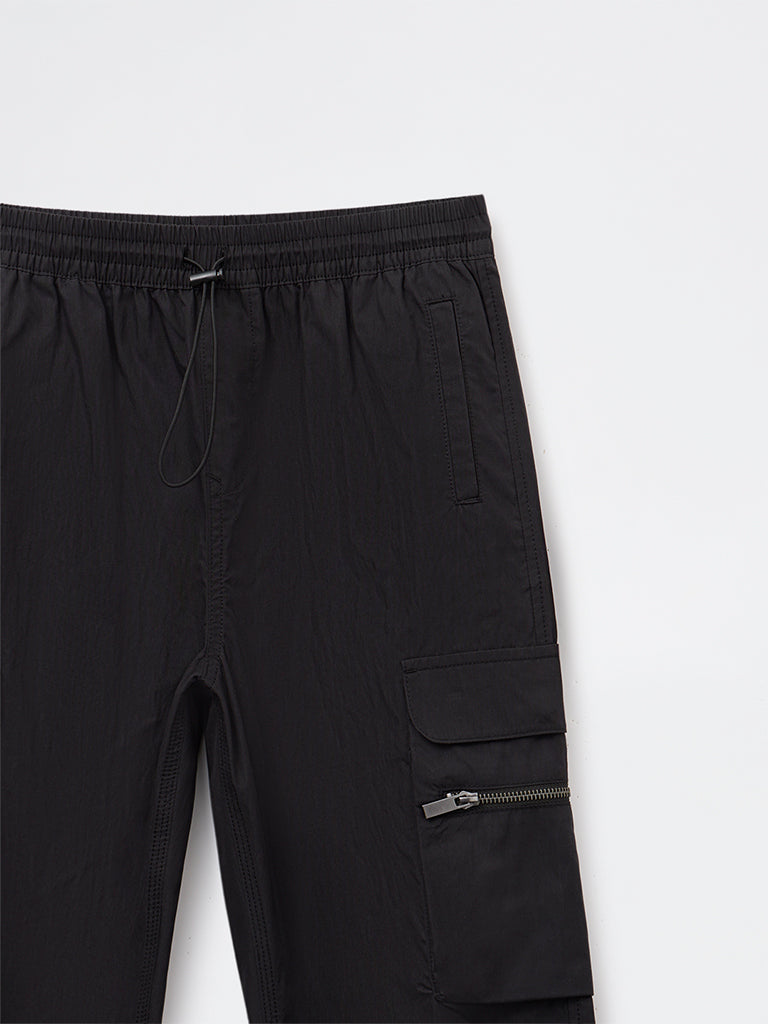 Boys Black Cargo Style Mid-Rise Pants