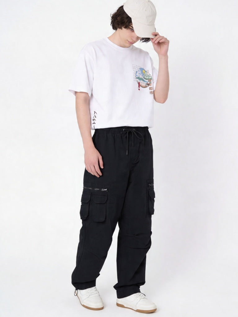 Boys Black Mid-Rise Cotton-Blend Cargo Pants