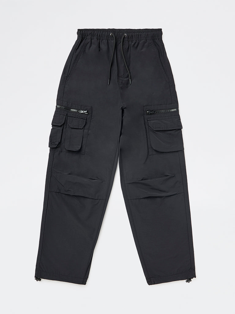 Boys Black Mid-Rise Cotton-Blend Cargo Pants