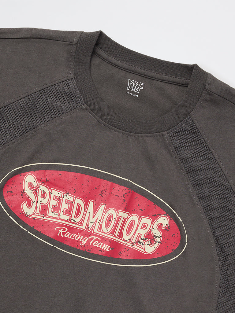 Boys Grey Graphic Printed Cotton T-Shirt