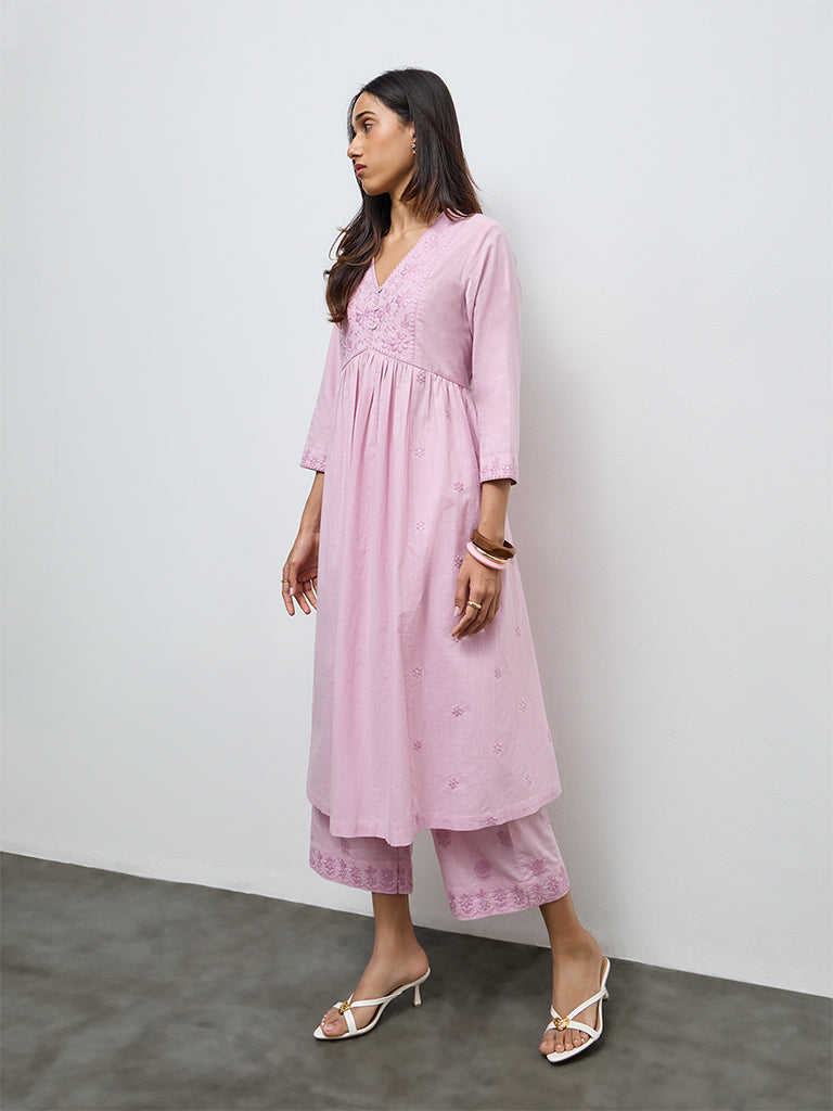 Utsa Pink Floral Embroidered Cotton A-Line Kurta