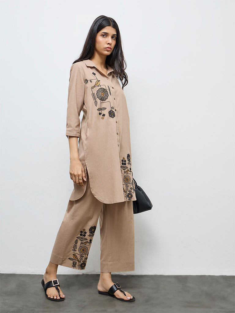 Utsa Beige Embroidered Cotton Pants