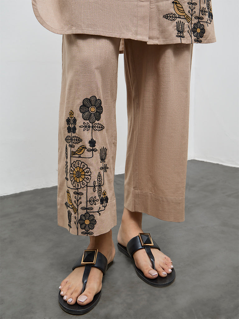 Utsa Beige Embroidered Cotton Pants
