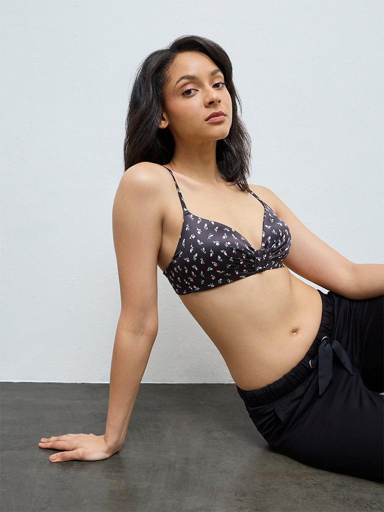Wunderlove Black Floral Printed Ruched Padded Bra