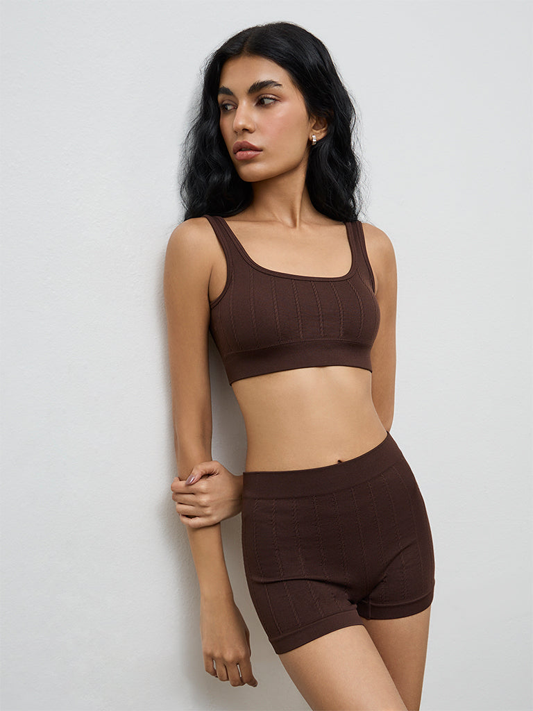 Superstar Brown Cable-Knitted Padded Seam-Free Bra