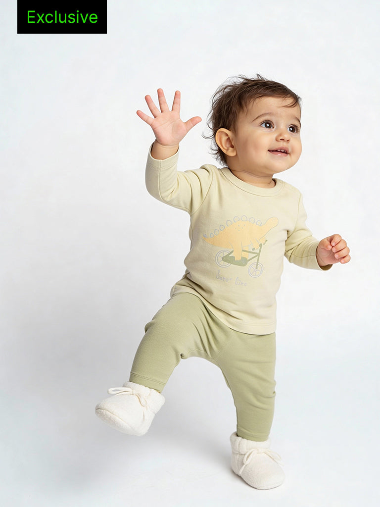 HOP Baby Boys Sage Dinosaur Printed Cotton Co-ord Set - Exclusive
