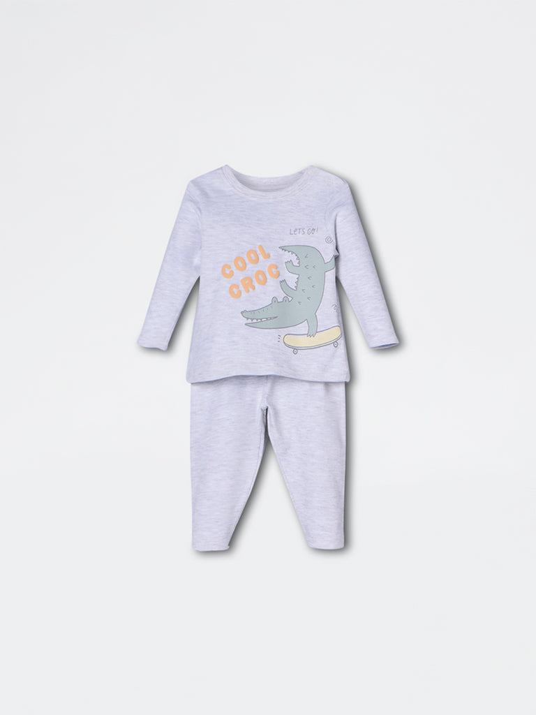 HOP Baby Boys Grey Melange Animal Pattern T-Shirt and Pant Set - Exclusive
