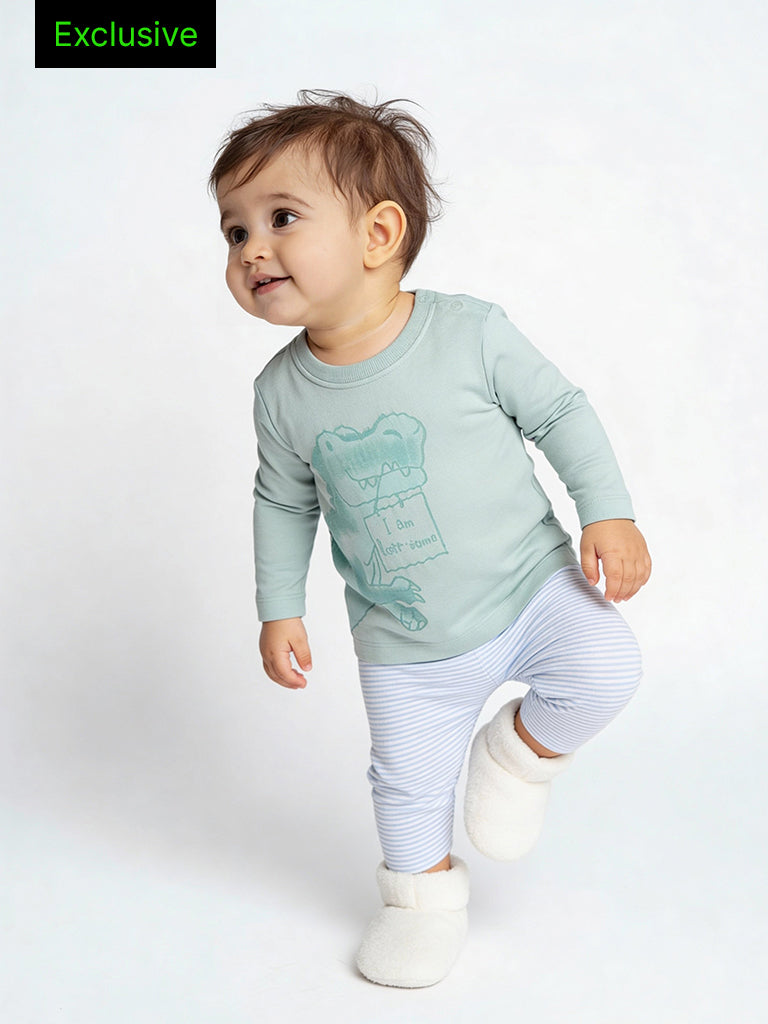 HOP Baby Boys Sage Dinosaur Pattern Cotton Co-ord Set - Exclusive