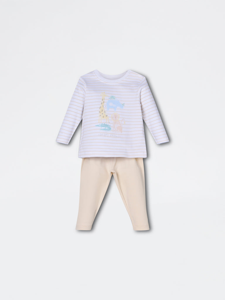HOP Baby Boys Beige Animal Design Cotton T-Shirt and Pants Set - Exclusive