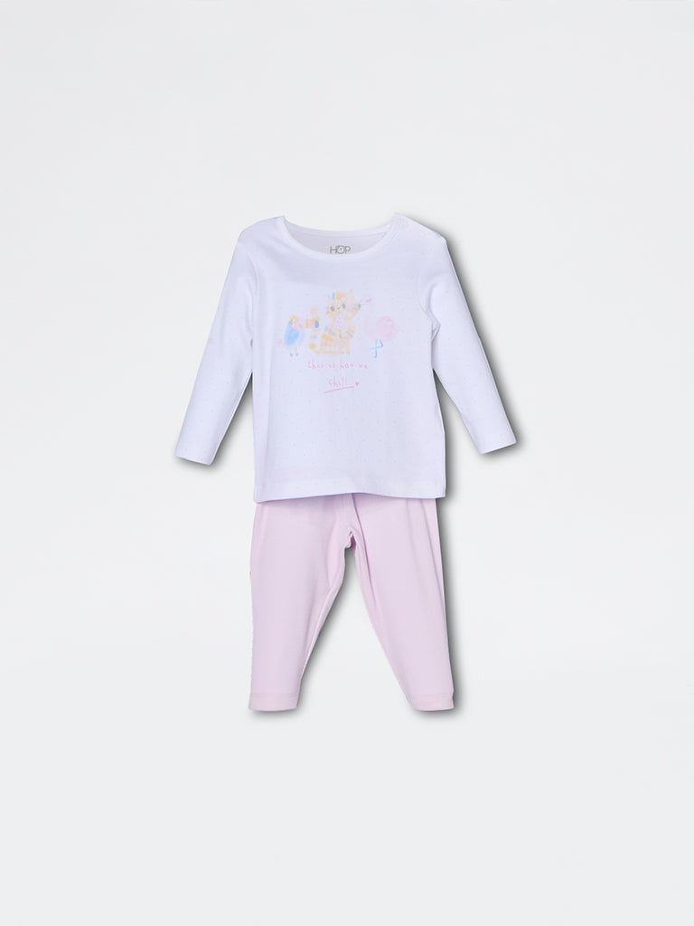 HOP Baby Girls Lilac Printed Cotton-Blend T-Shirt and Pants Set - Exclusive