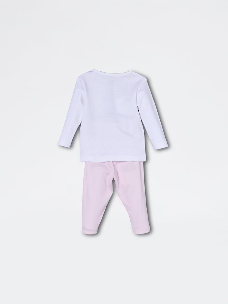HOP Baby Girls Lilac Printed Cotton-Blend T-Shirt and Pants Set - Exclusive