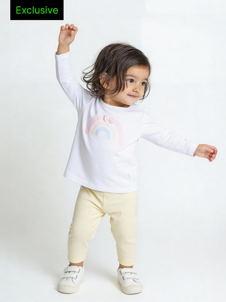 HOP Baby Girls Yellow Rainbow Printed Cotton-Blend T-Shirt and Pant Set - Exclusive
