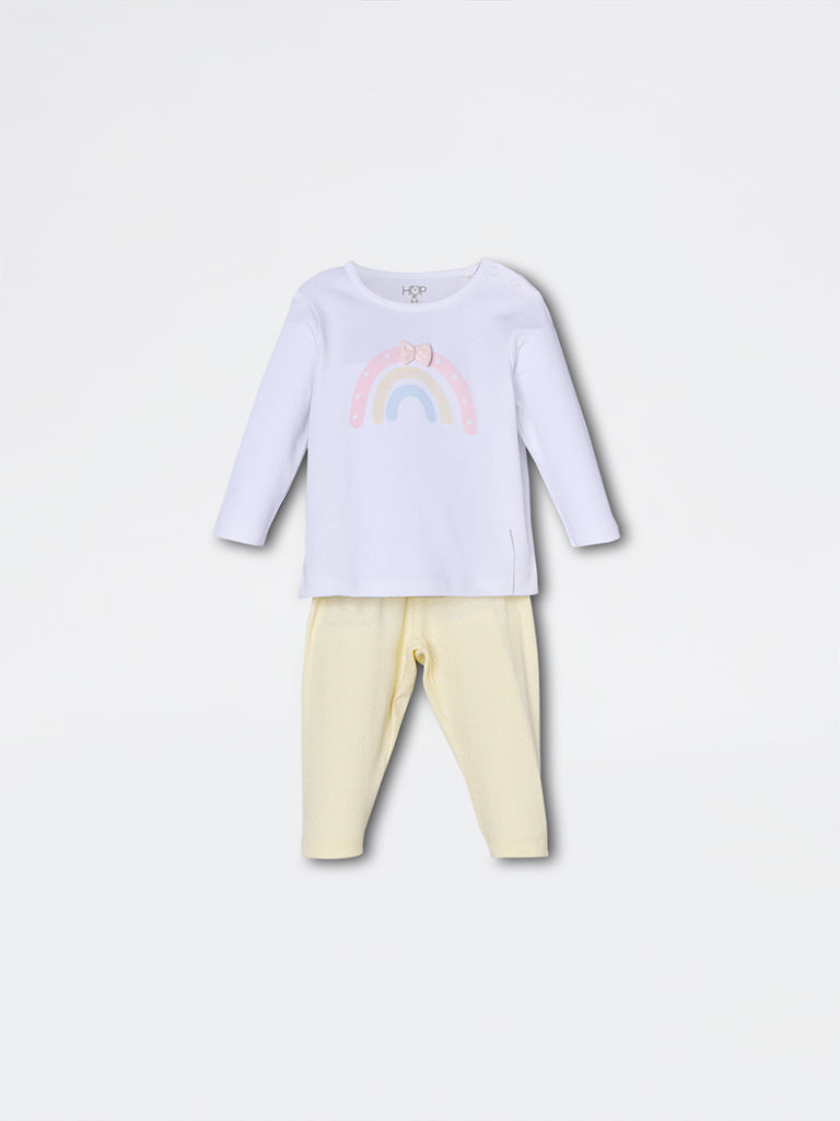 HOP Baby Girls Yellow Rainbow Printed Cotton-Blend T-Shirt and Pant Set - Exclusive