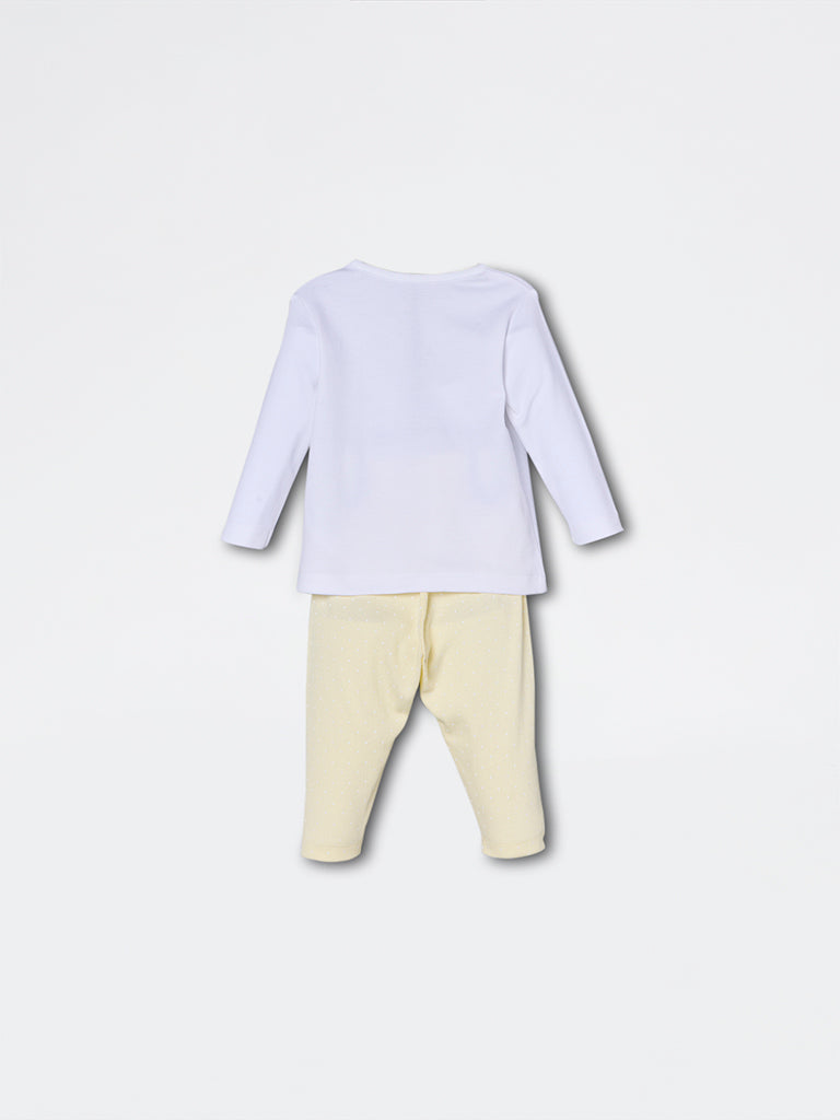 HOP Baby Girls Yellow Rainbow Printed Cotton-Blend T-Shirt and Pant Set - Exclusive
