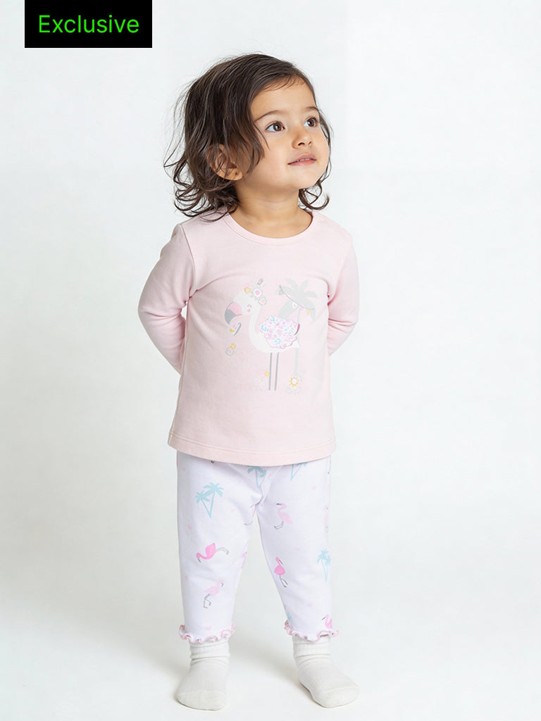 HOP Baby Girls Pink Bird Pattern Cotton T-Shirt and Pants Set - Exclusive