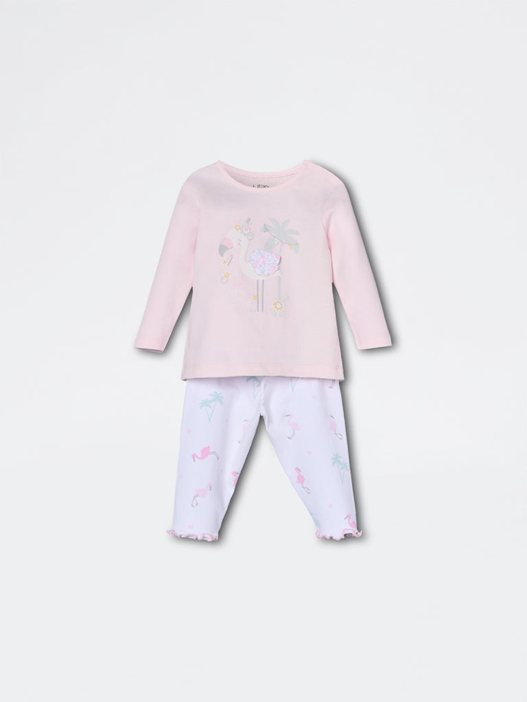 HOP Baby Girls Pink Bird Pattern Cotton T-Shirt and Pants Set - Exclusive